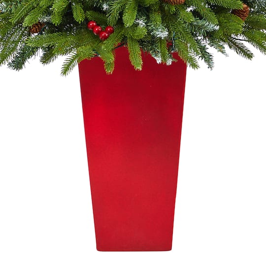 5ft. Pre-Lit Snow Tipped Portland Spruce Artificial Christmas Tree in Red Tower Planter, Clear LED Lights